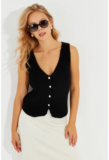 Kadın Siyah Triko Düğmeli Yelek YV205-90