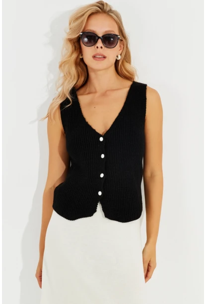 Kadın Siyah Triko Düğmeli Yelek YV205-90