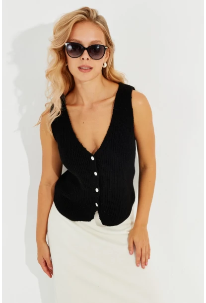 Kadın Siyah Triko Düğmeli Yelek YV205-90