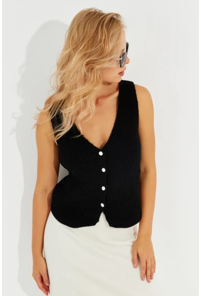 Kadın Siyah Triko Düğmeli Yelek YV205-90