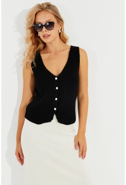 Kadın Siyah Triko Düğmeli Yelek YV205-90