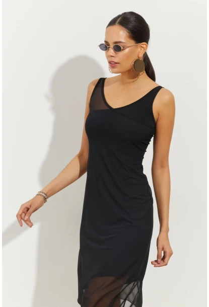 Kadın Siyah Tül Detaylı Asimetrik Mini Elbise B2475