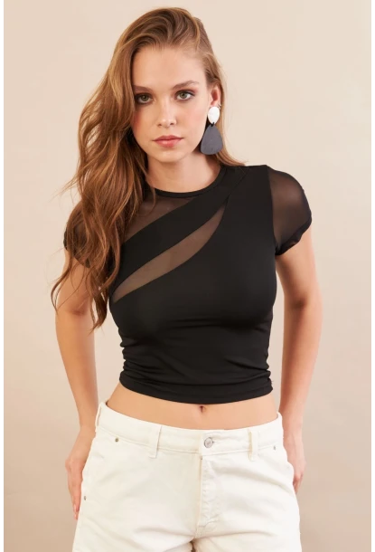 Kadın Siyah Tül Detaylı Bluz AN8087