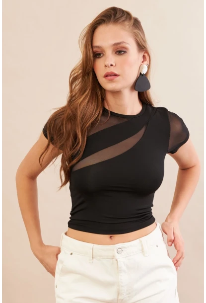 Kadın Siyah Tül Detaylı Bluz AN8087