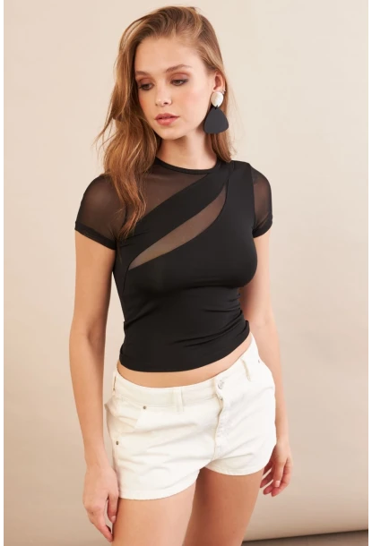 Kadın Siyah Tül Detaylı Bluz AN8087