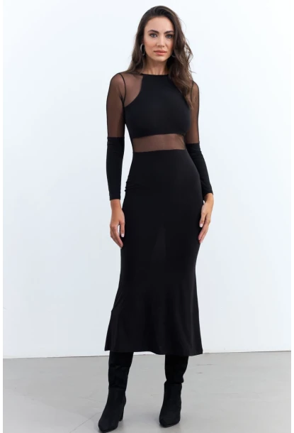 Kadın Siyah Tül Detaylı Midi Elbise ELT3834