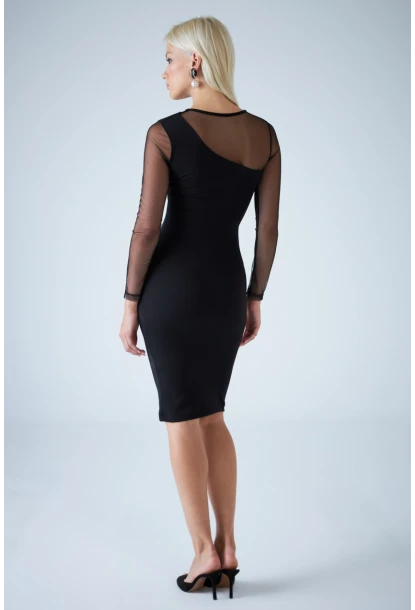 Kadın Siyah Tül Detaylı Midi Elbise ELT3874