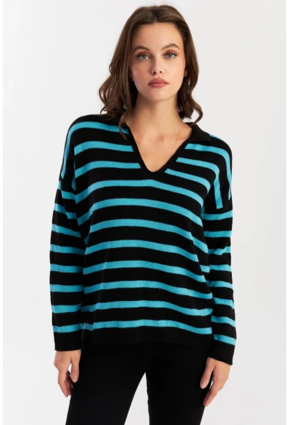 Kadın Siyah-Turkuaz Polo Yaka Çizgili Triko Kazak COL01