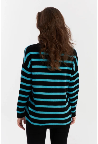 Kadın Siyah-Turkuaz Polo Yaka Çizgili Triko Kazak COL01