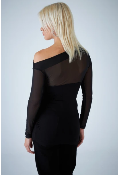 Kadın Siyah Üstü Tül Büzgülü Bluz EY3138