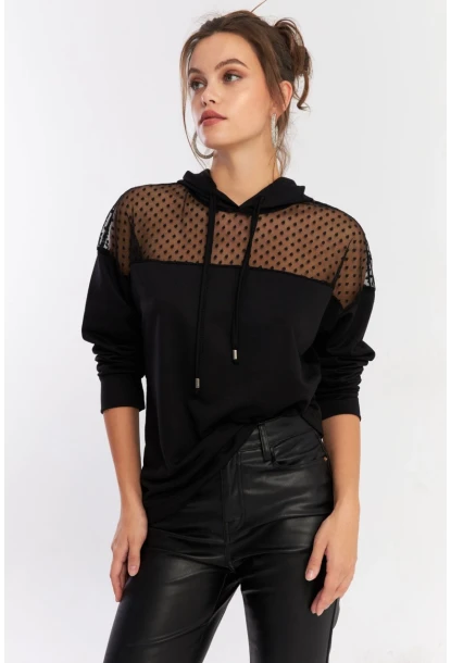 Kadın Siyah Üstü Tül Kapüşonlu Sweatshirt EY2934
