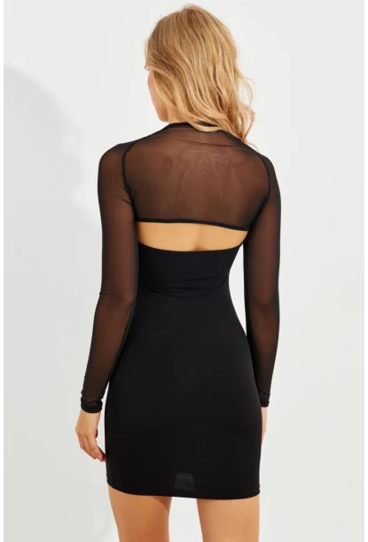 Kadın Siyah Üstü Tül Mini Elbise B2485