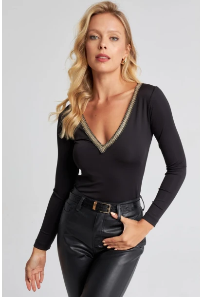 Kadın Siyah V Yaka Bluz EY2673