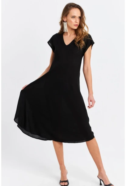 Kadın Siyah V Yaka Midi Elbise PC22649