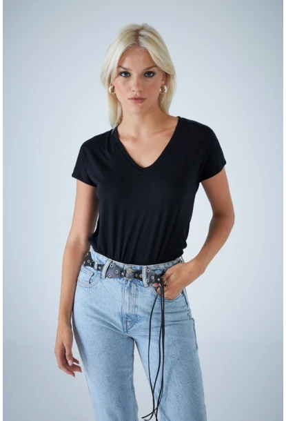 Kadın Siyah V Yaka T-Shirt LPP1311