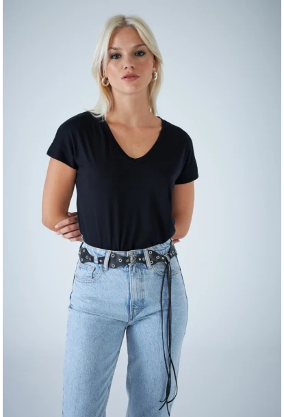 Kadın Siyah V Yaka T-Shirt LPP1311