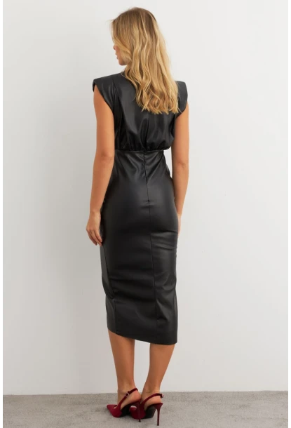 Kadın Siyah Vatkalı Drape Suni Deri Midi Elbise KSD1195