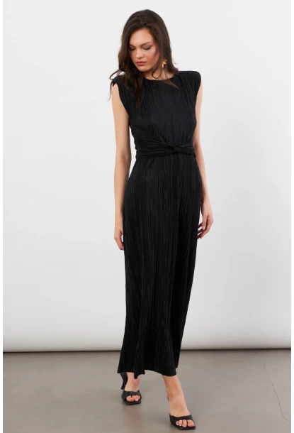 Kadın Siyah Vatkalı Pileli Astarlı Midi Elbise DMR436