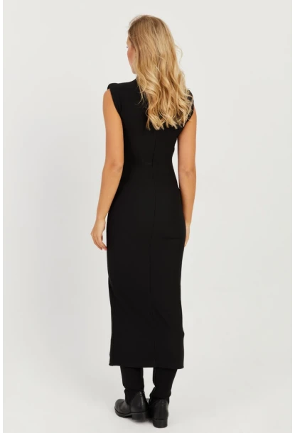Kadın Siyah Vatkalı Yırtmaçlı Midi Elbise MON120