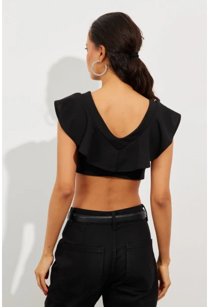 Kadın Siyah Volanlı Crop Bluz B2589