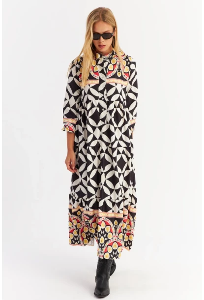 Kadın Siyah Volanlı Desenli Maxi Elbise MYLE14