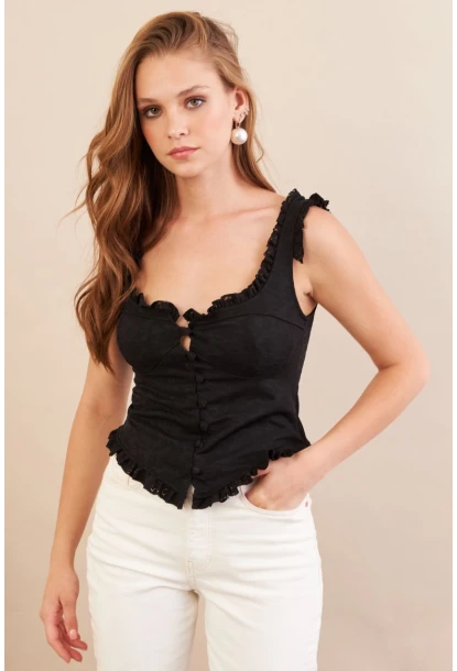 Kadın Siyah Volanlı Düğmeli Bluz KED7324