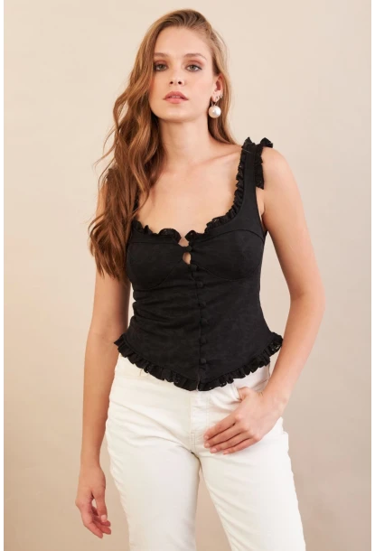 Kadın Siyah Volanlı Düğmeli Bluz KED7324