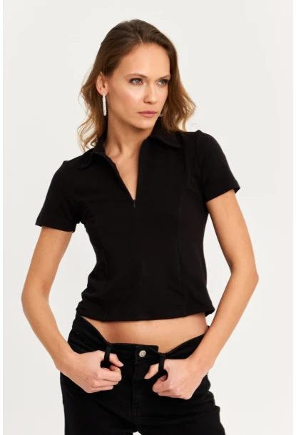Kadın Siyah Yaka Fermuarlı Bluz RLO95