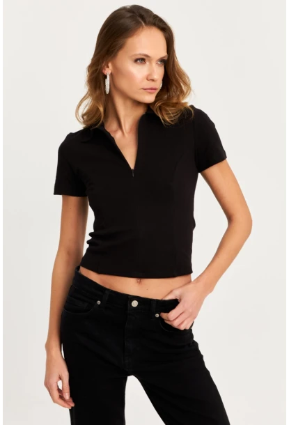 Kadın Siyah Yaka Fermuarlı Bluz RLO95