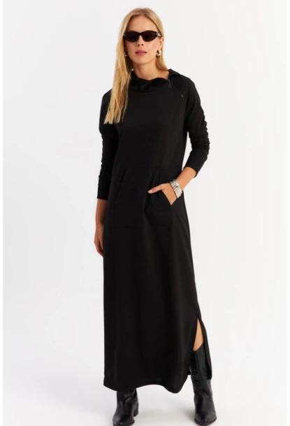 Kadın Siyah Yakası Fermuarlı Maxi Sweat Elbise MTF12
