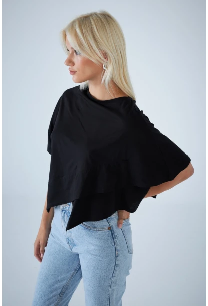 Kadın Siyah Yarasa Kol Asimetrik T-Shirt LPP1315