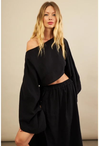 Kadın Siyah Yarasa Kol Crop Müslin Etek Takım BTY104