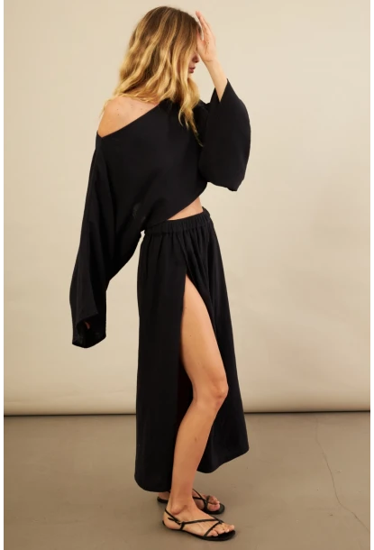 Kadın Siyah Yarasa Kol Crop Müslin Etek Takım BTY104