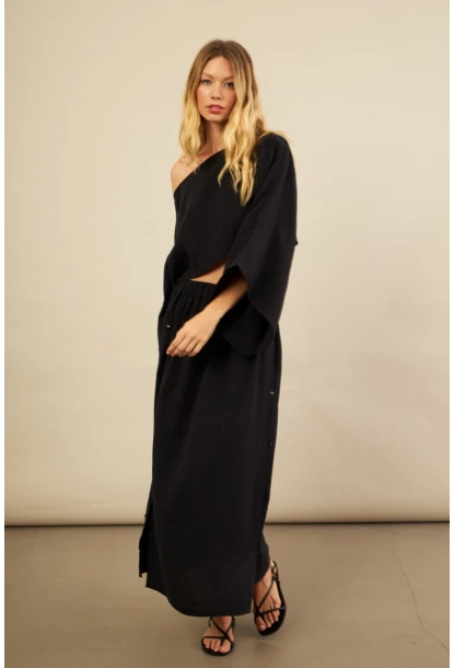 Kadın Siyah Yarasa Kol Crop Müslin Etek Takım BTY104