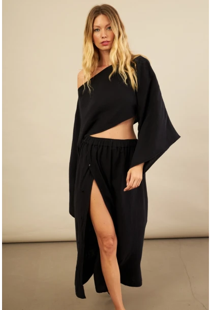Kadın Siyah Yarasa Kol Crop Müslin Etek Takım BTY104