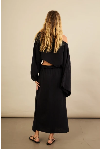 Kadın Siyah Yarasa Kol Crop Müslin Etek Takım BTY104