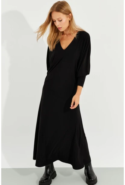 Kadın Siyah Yarasa Kol Midi Elbise BK272021