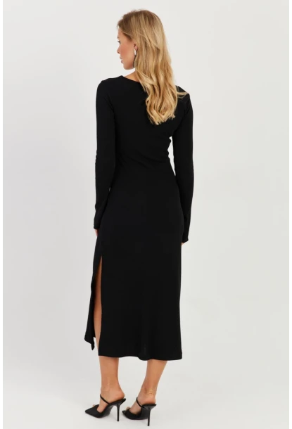 Kadın Siyah Yırtmaçlı Kaşkorse Midi Elbise EY2702