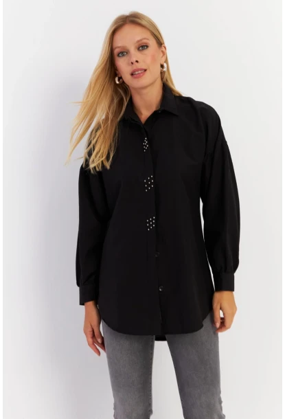 Kadın Siyah Zımbalı Gömlek MASF08