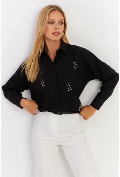 Kadın Siyah Zımbalı Gömlek MASF1