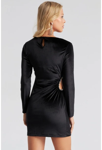 Kadın Siyah Zincir Aksesuarlı Kadife Mini Elbise GÇ145