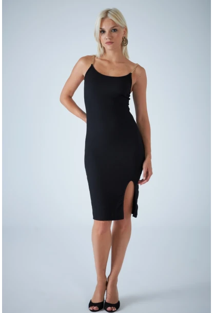 Kadın Siyah Zincir Askılı Rustik Midi Elbise CEL7167