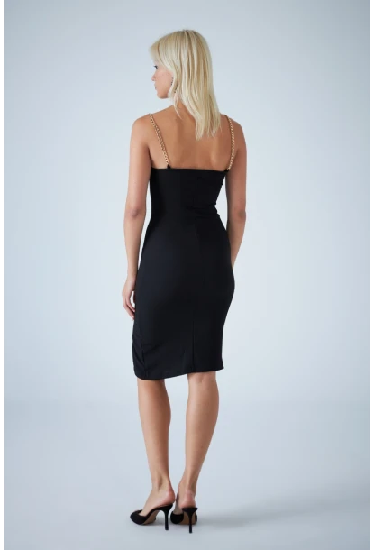 Kadın Siyah Zincir Askılı Rustik Midi Elbise CEL7167