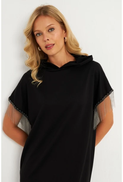 Kadın Siyah Zincir Detaylı Kapüşonlu Midi Elbise      EY2904