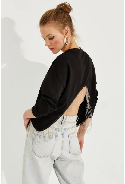 Kadın Siyah Zincirli Asimetrik Sweatshirt EY2664