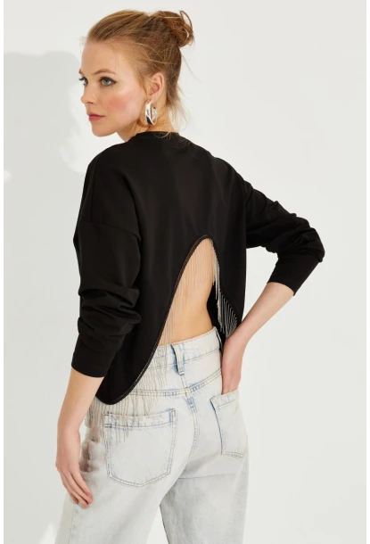 Kadın Siyah Zincirli Asimetrik Sweatshirt EY2664