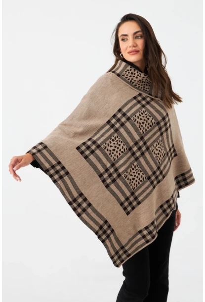 Kadın Sütlü Kahve Ekose Desenli Panço MKON101