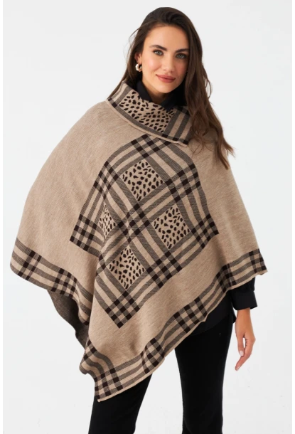 Kadın Sütlü Kahve Ekose Desenli Panço MKON101