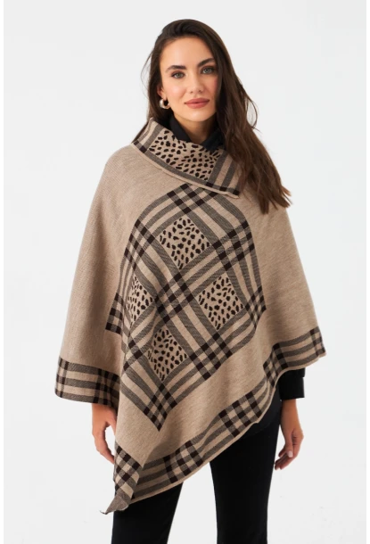 Kadın Sütlü Kahve Ekose Desenli Panço MKON101