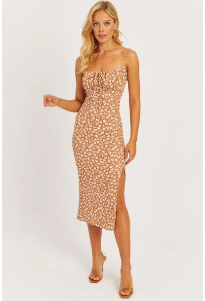 Kadın Sütlü Kahve İnce Askılı Midi Elbise MON125